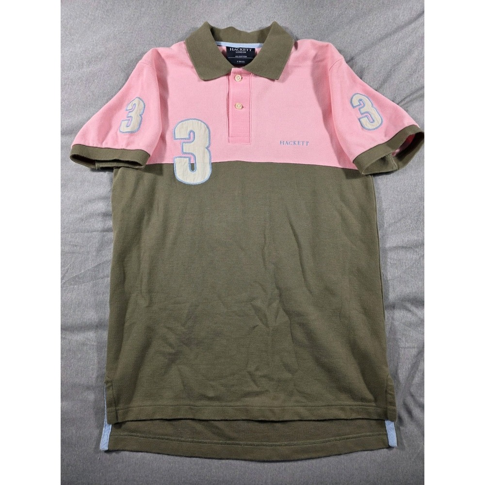 Hackett London Mens XS Polo Shirt Pique Cotton Short Sleeve Pink, Green Stitch‎